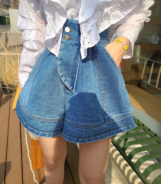 Vintage High Waist Single Breasted Wide Leg Denim Shorts