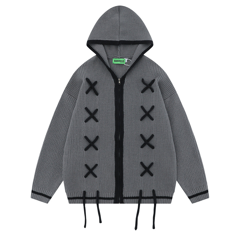 Contrast Color Rope Design Loose Casual Cardigan