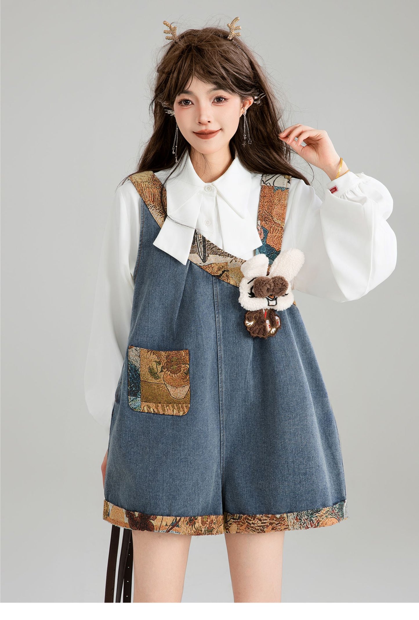 Girl Like Jacquard Patchwork Shoulder Strap Jeans