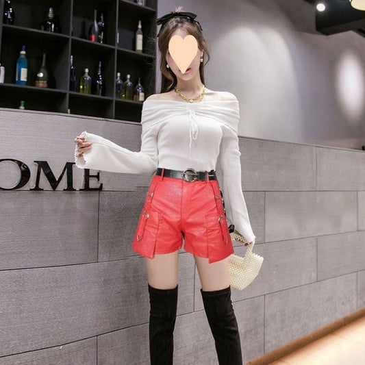 High Waist Slimming Fashion All-match Wide Leg Leather Shorts Boot Pants