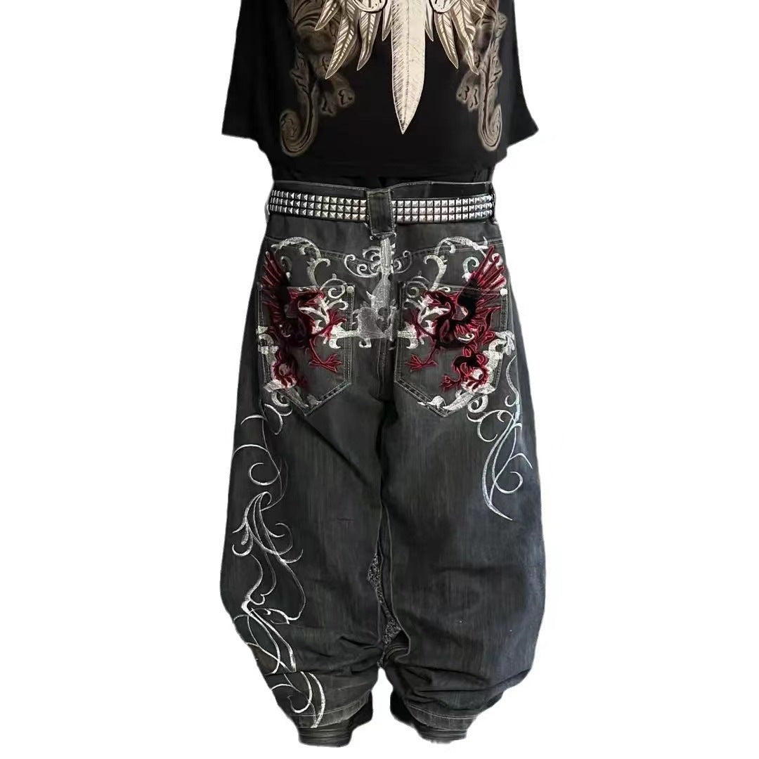 Retro American Style Loose Embroidered Straight Pants