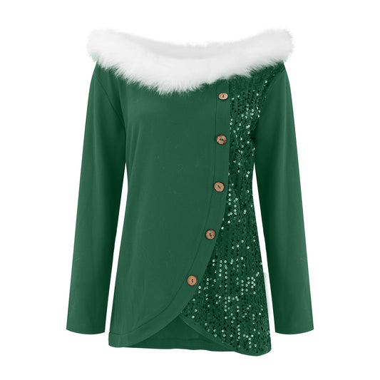 Ny Scoop Off-shoulder Top med Pelskrave og Pailletter med Lange Ærmer