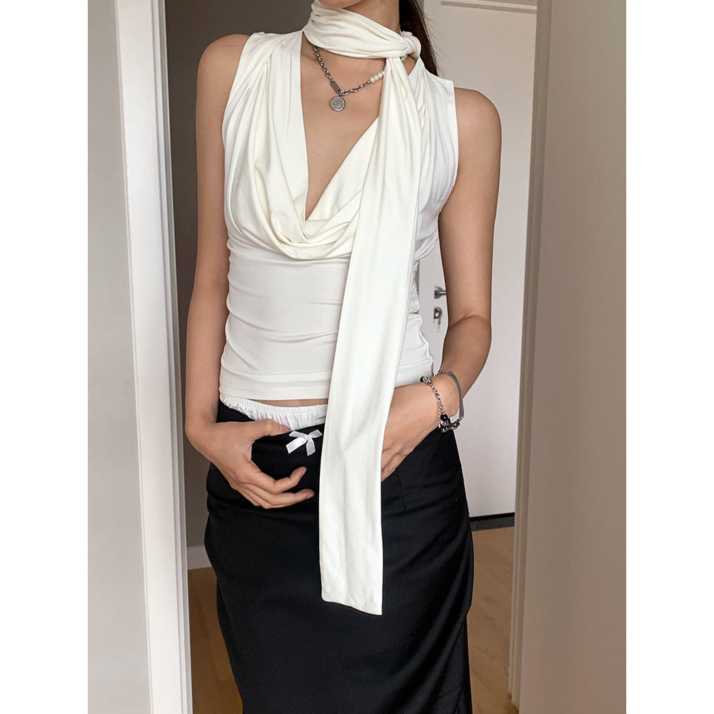 Summer Swing Collar Ribbon Short Halter Spaghetti Straps Sleeveless V-neck Vest