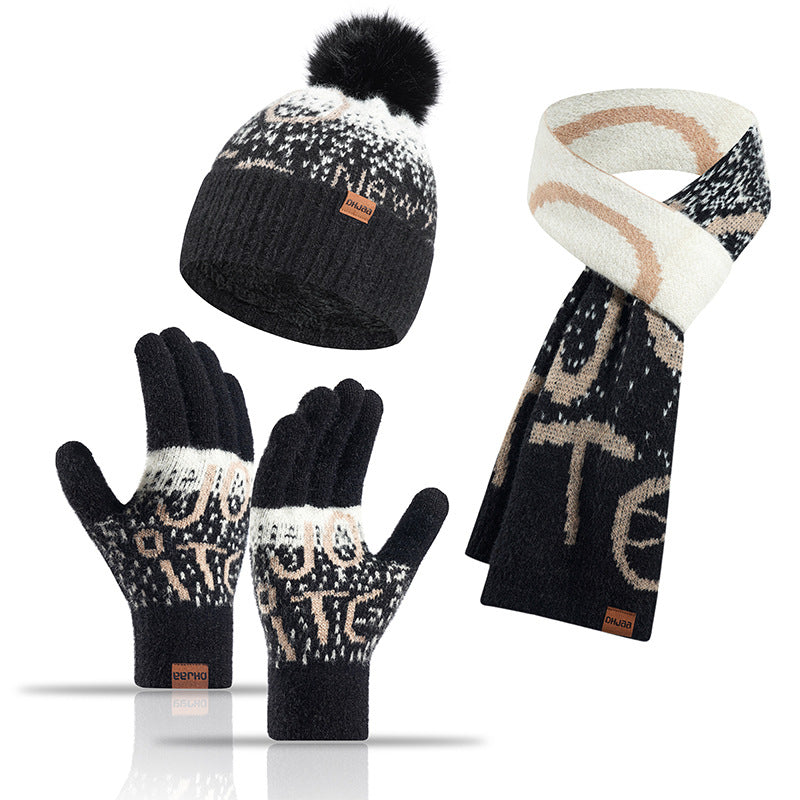 Ladies Jacquard Thickened Faux Mink Scarf Hat Gloves Three-Piece Set