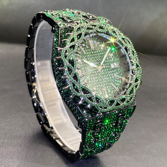Hip-Hop Mens Watch With Green Full-Covering Zircon Inlays