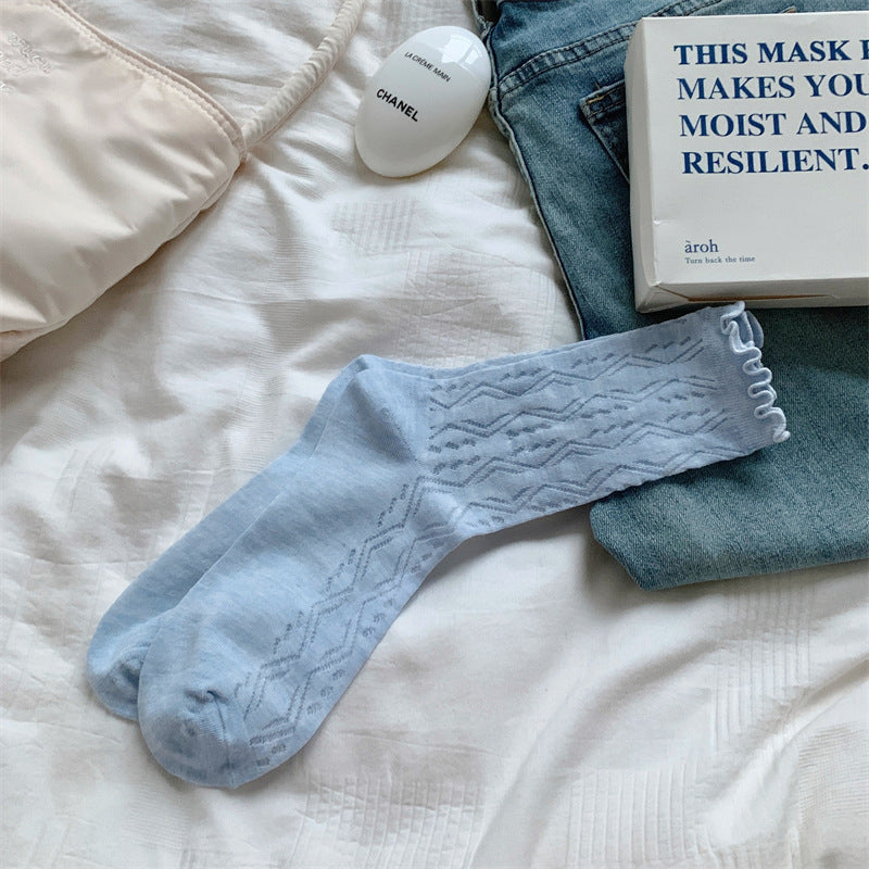 Thin Mesh Solid Color Hollow Wooden Ear Mid-calf Length Loose Socks Breathable Sweat Absorbing
