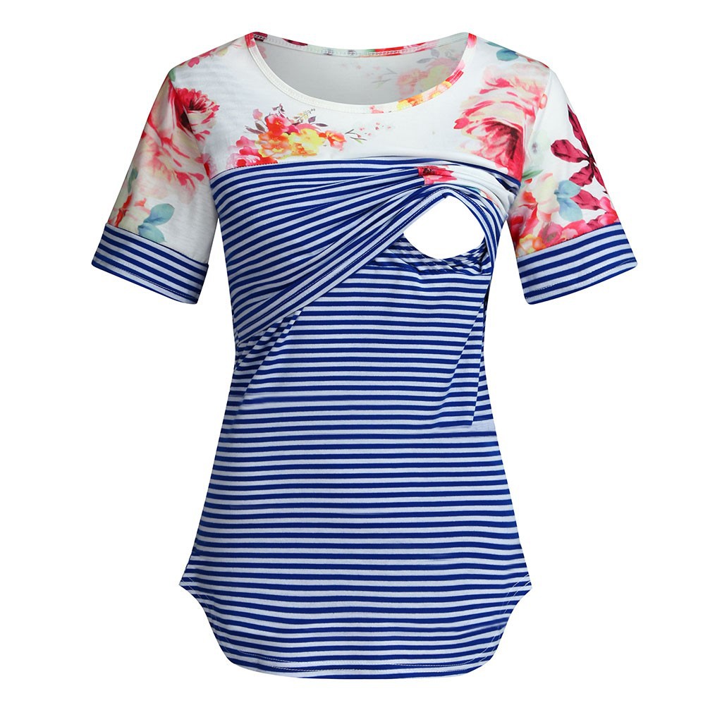 Short Sleeve Striped Printed Patchwork Pocket Round Neck T-shirt