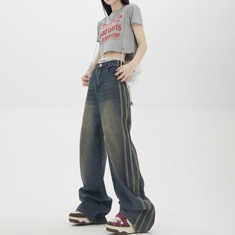 Vintage stribede vide straight jeans til kvinder