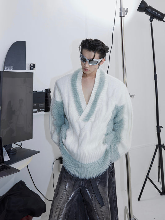 Men's Niche Plush Patchwork Knit Sweater Loose Sweater