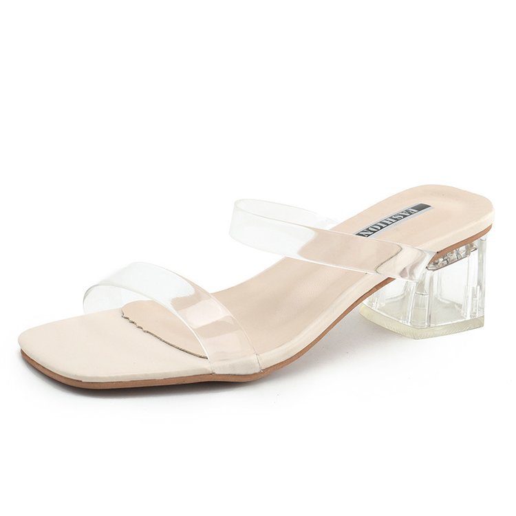One-word Transparent Sandals And Slippers Women's Crystal With Thick Heel