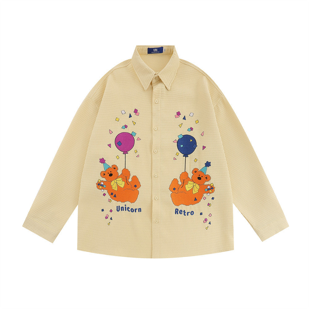 Street Fashion Japanese Bear Embroidery Long Sleeve Shirt
