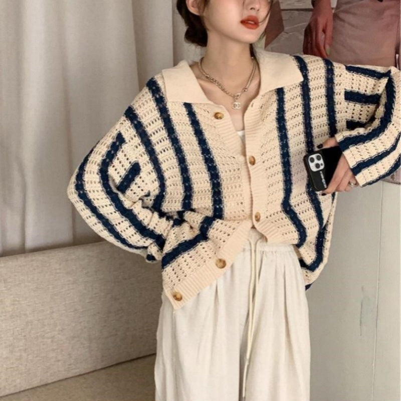 Contrast Color Loose And Lazy Style Slimming Sweater Coat Cardigan