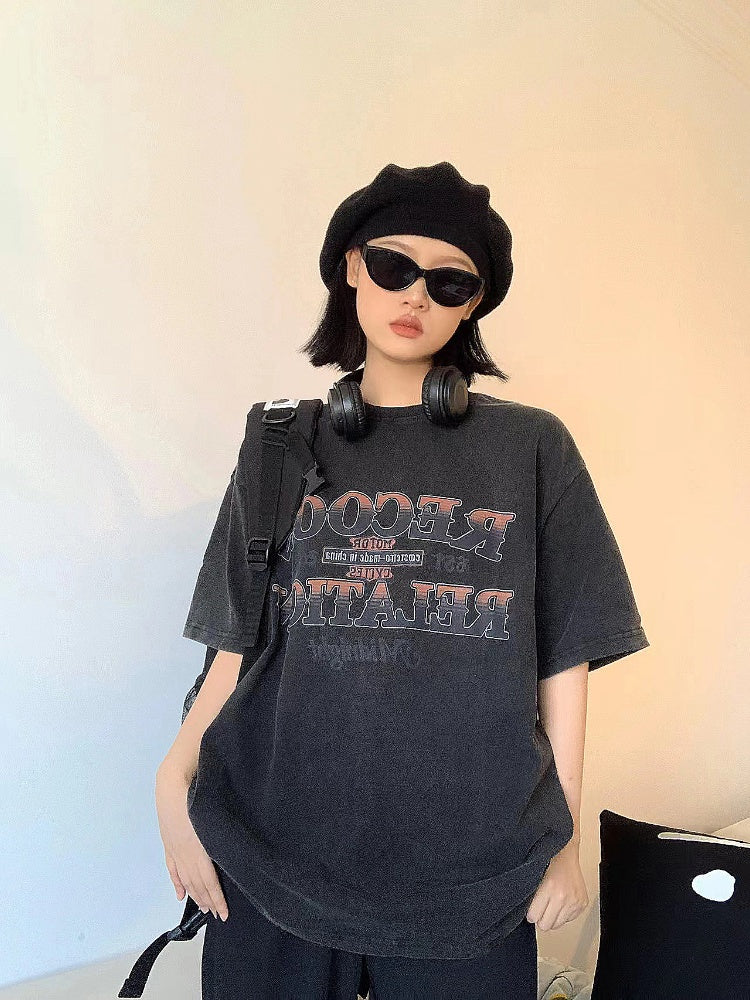Retro Washed Linen Cotton Letter Print Short-sleeve T-shirt