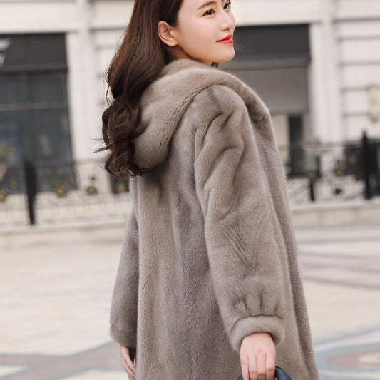 Faux Mink Coat Whole Mink Mid-length With Hood