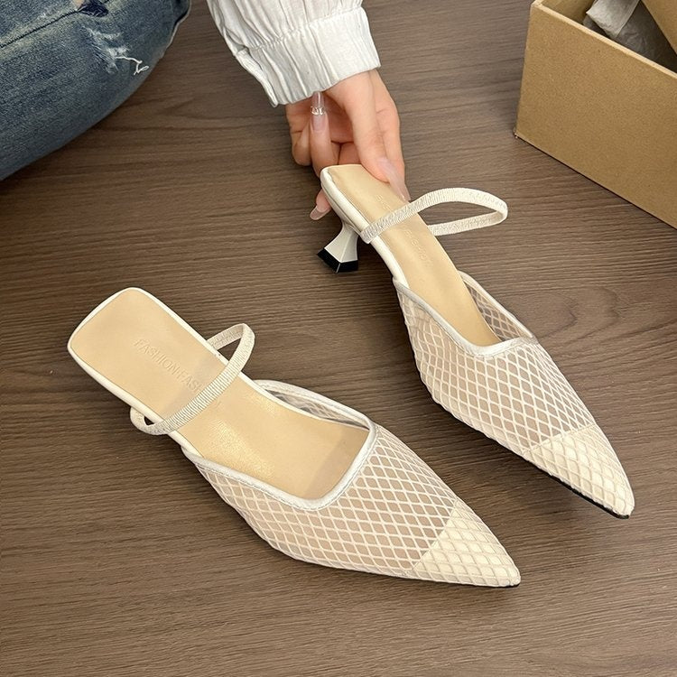 Women's Pink Mesh Pointed Toe Kitten Heel Mules, Breathable One Strap Closed Toe Slides, Fashion Low Heel Sandals For Office Daily Wear