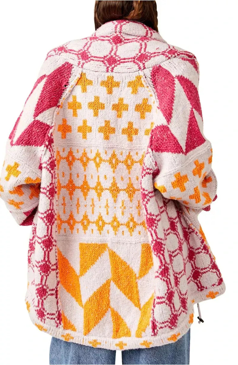 Abstract Print Turn-Neck Loose-Fit Long-Sleeve Knitted Sweater For Women