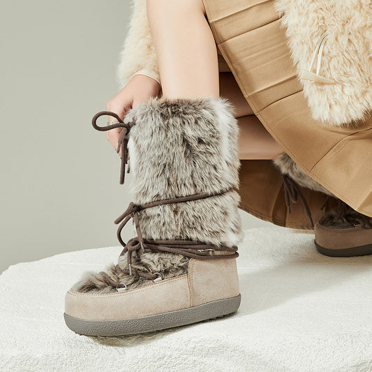 Womens Casual Thin-Strapped Insulated Flat-Heeled Mid-Calf Snow Boots