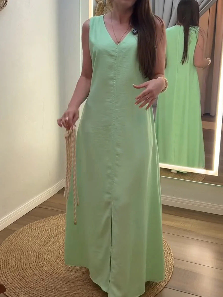 Womens Solid Color V Neck Sleeveless Casual Loose Cotton Linen Dress