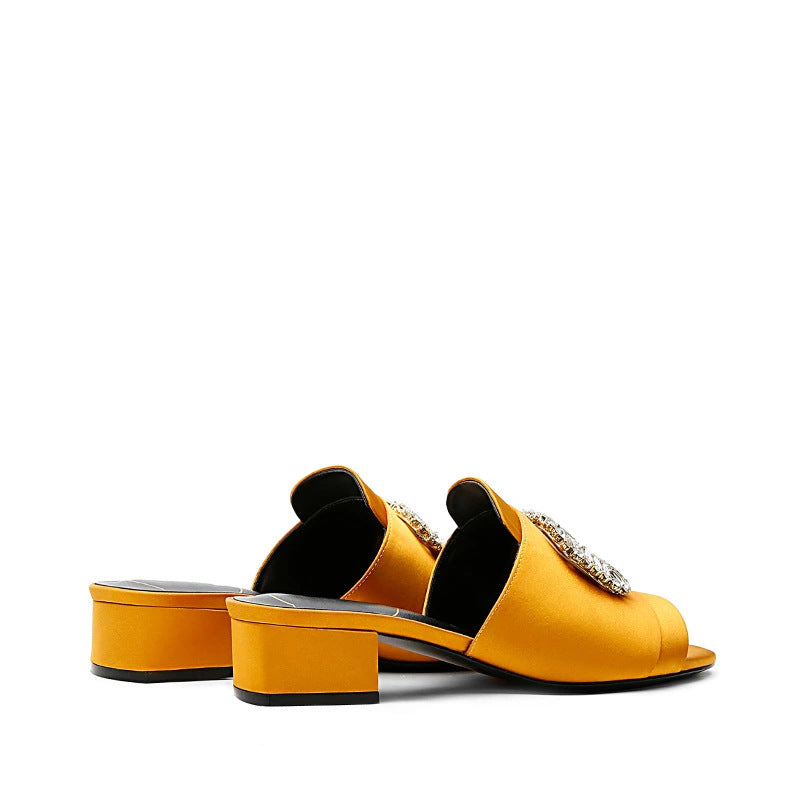 Women Sexy Open-toed Rhinestone Square Buckle Thick Heel Fashion Slippers