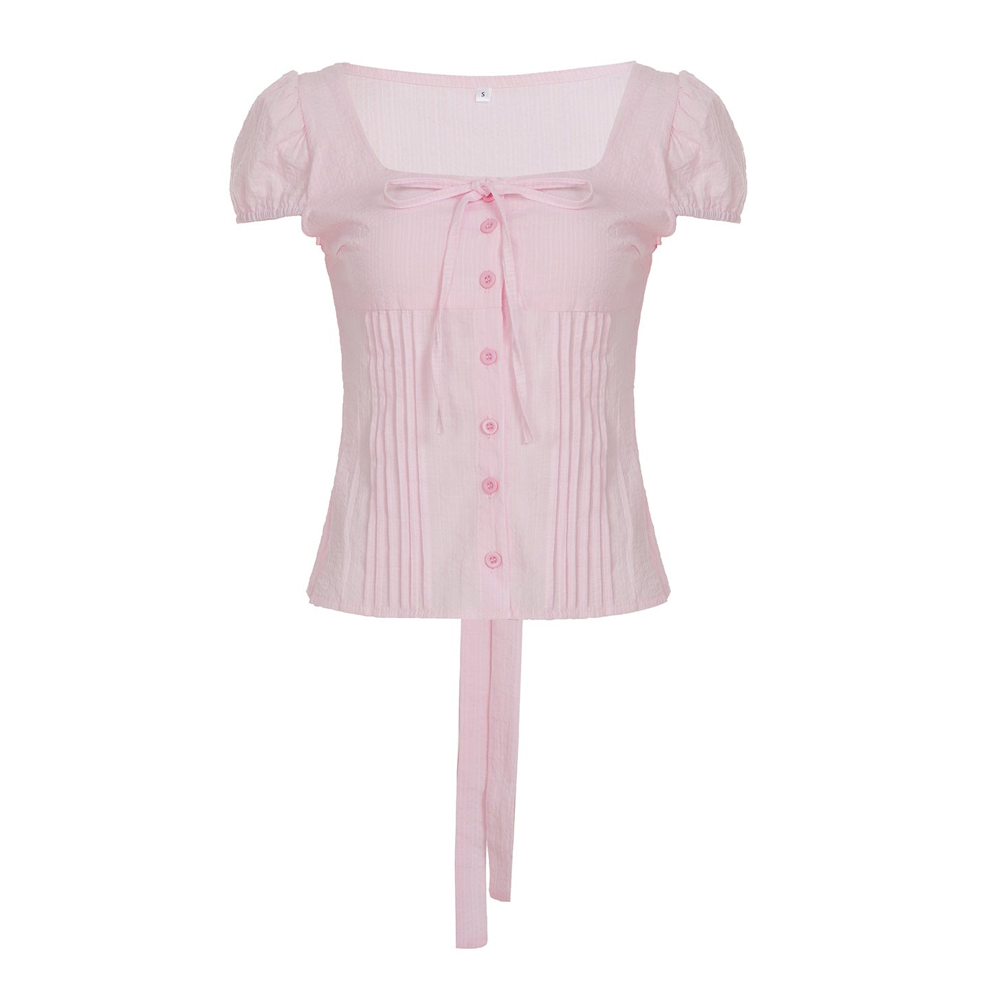 Womens French-style Puff-sleeve Figure-hugging Waist-cinching Blouse With A Tie