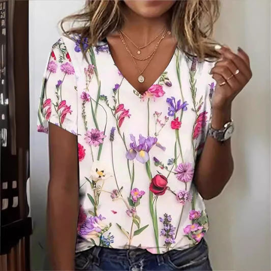 Women's Cotton Short-sleeved T-shirt V-neck Floral Print
