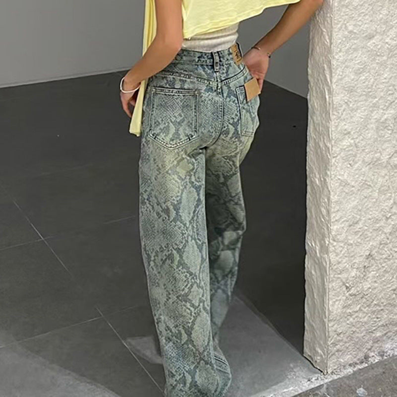 Women's American Style Spliced Snake Pattern Straight Leg Jeans