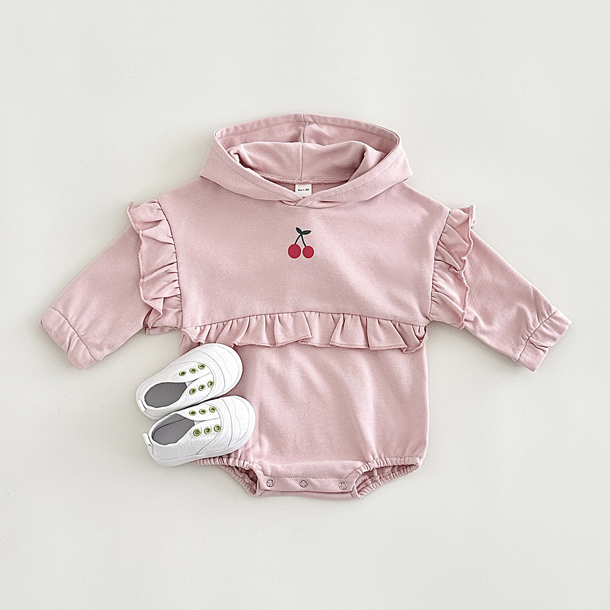 Baby Girl Sweet Cherry Embroidered Long Sleeve Hooded Crawling Suit Jumpsuit
