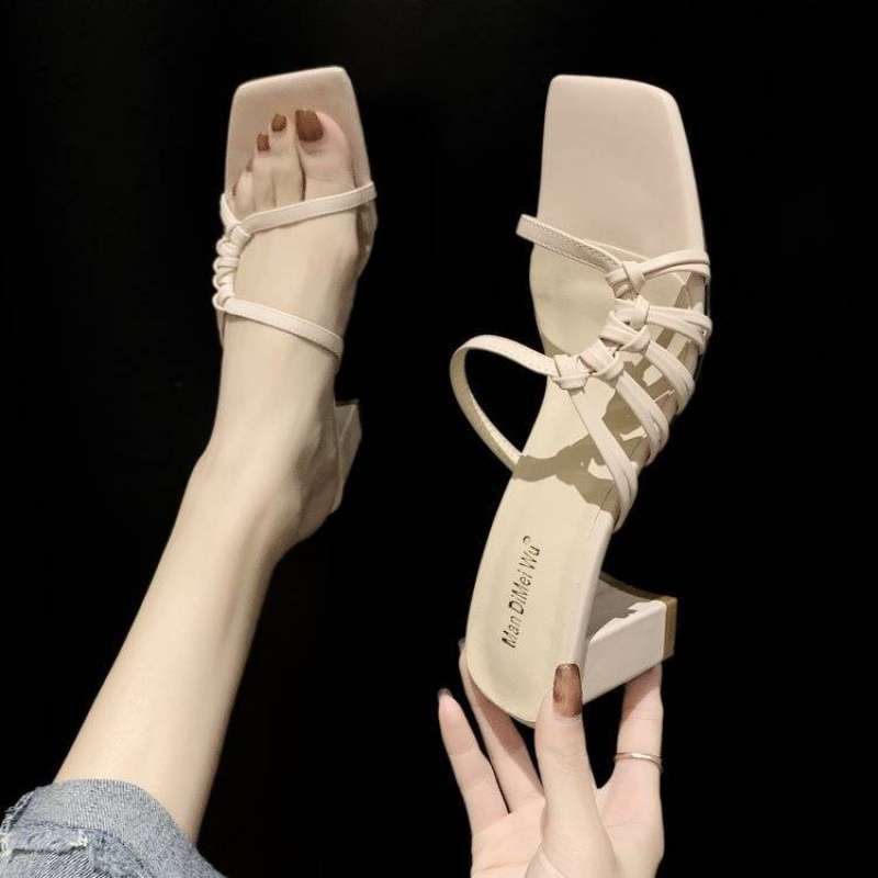Thin Belt Net Red High Heels Thick Heel Square Heel Woven Half Slippers
