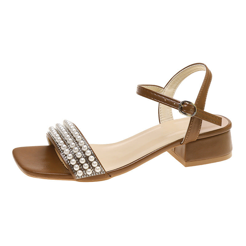 Women's Mid Heel Square Toe Ankle Strap Outerwear Sandals