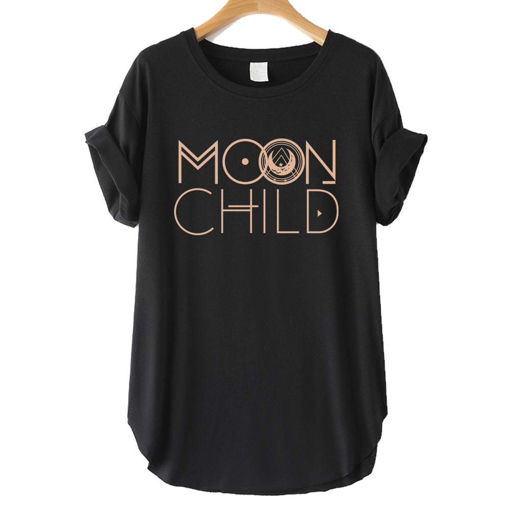Side Dropped Shoulders Loose Moon Child Letter Print Short Sleeves