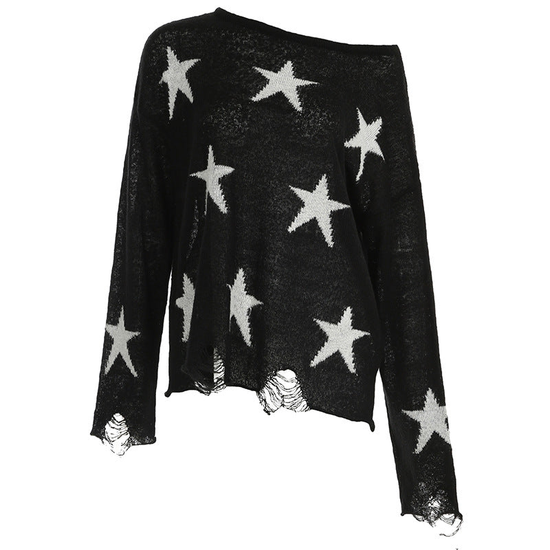 European And American Style Street Hot Girl Ripped Five-pointed Star Sweater