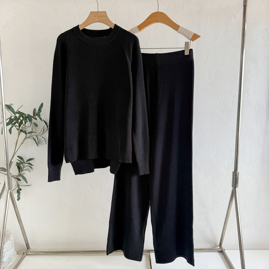 Women's Loose Knitted Long-Sleeve Crew-Neck Fashionable Wide-Leg Pants Two-Piece Set