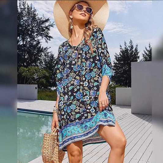 Summer Tassel Crew Neck Three-Quarter Sleeve Printed Dress