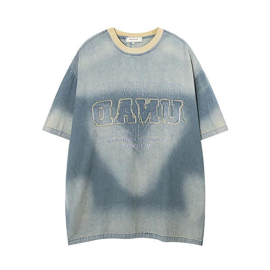 TKPA Original American Retro Street Letter Embroidery Denim Short Sleeve