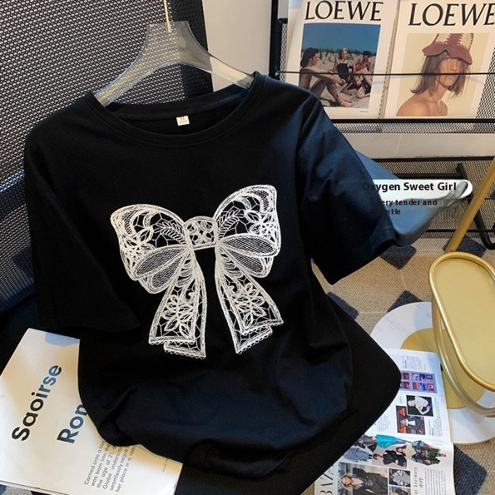 New Women's Fashion Bowknot Printed Short-sleeved T-shirt