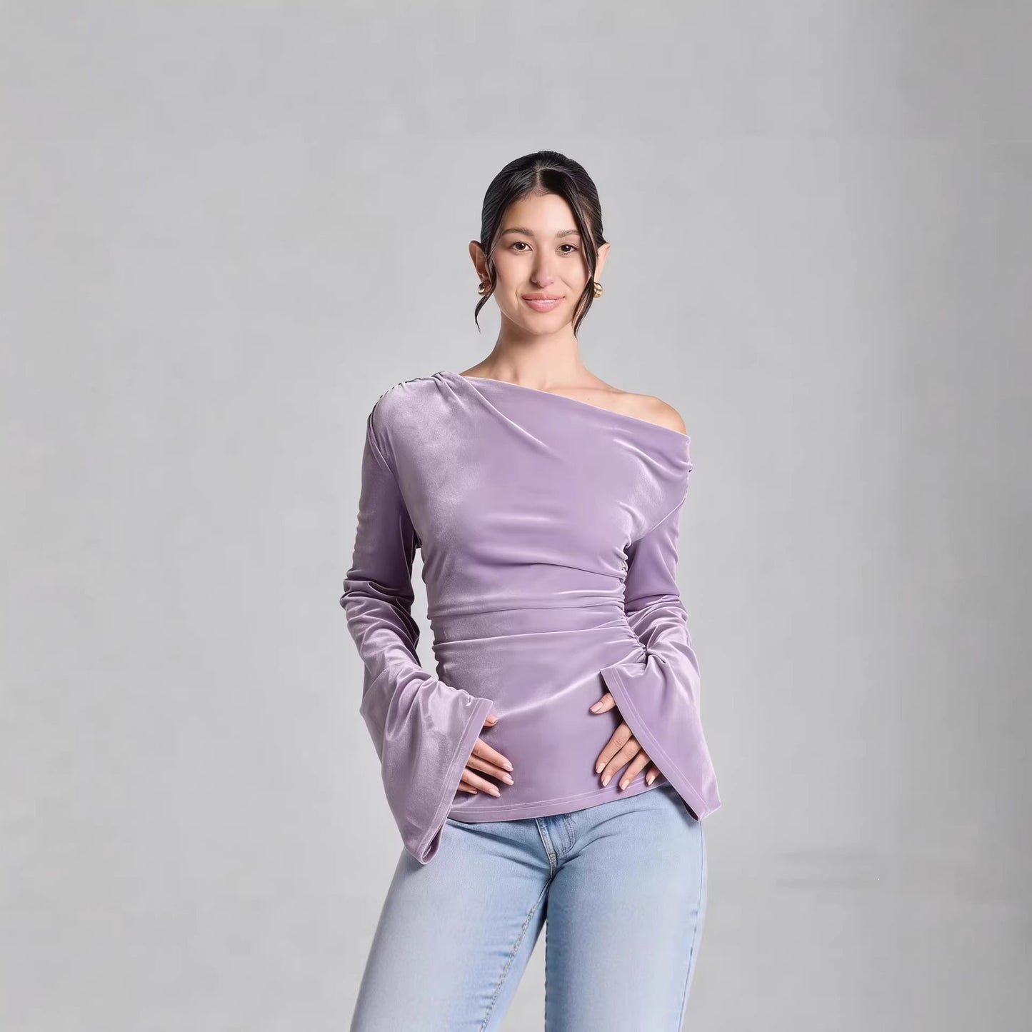 Slimming Pleated Fitted Top With Flared Sleeves