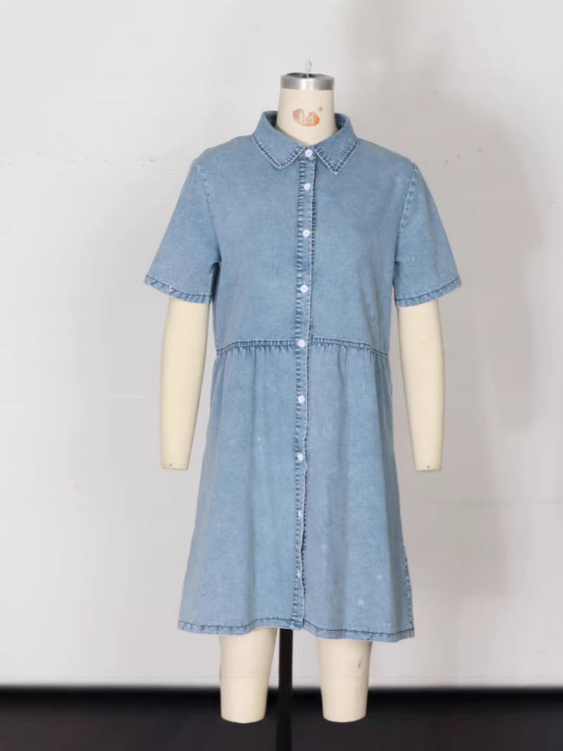 Womens Washed Mid-Waist Lapel Short-Sleeve Dress