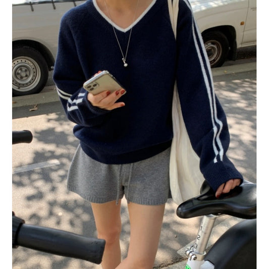 Minimalist Color Contrast Patchwork Striped V-neck Loose Comfortable Long Sleeve Knitwear