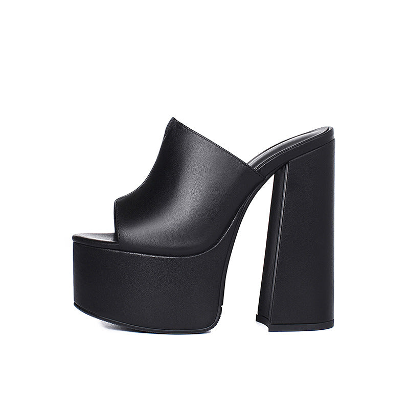 Waterproof Platform Leather Super High Heel Sandals Full Grain Soft First Layer Cowhide