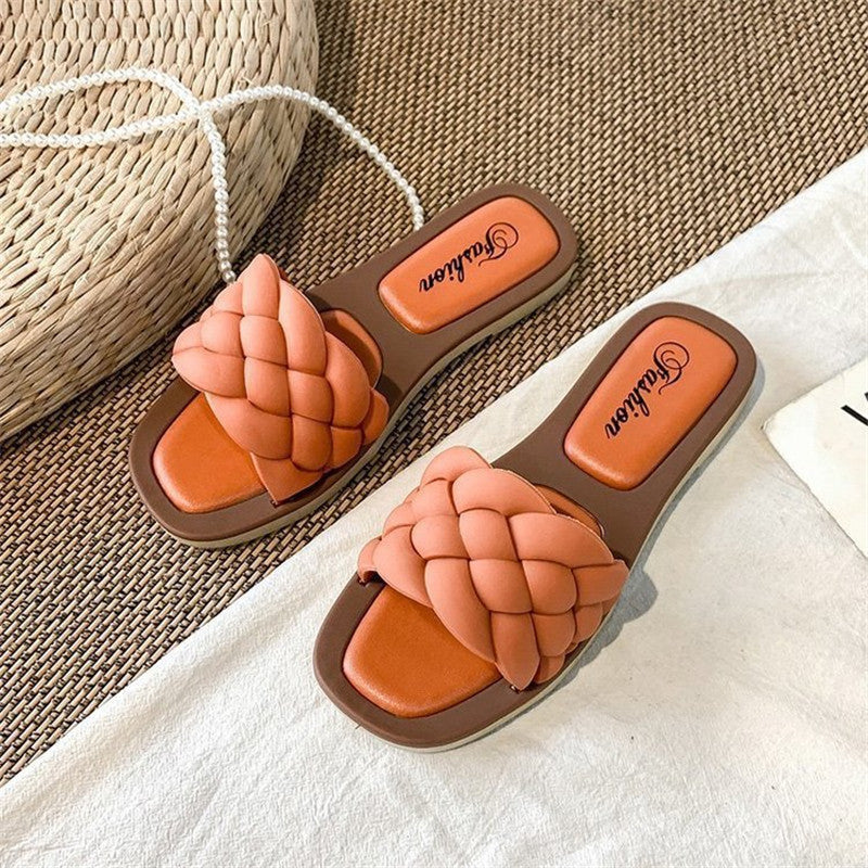 Flat Square Toe Fake Woven Korean Sandals