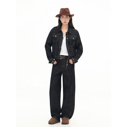 Forårs- og Efterårs Amerikanske Retro Sorte Jeans til Kvinder