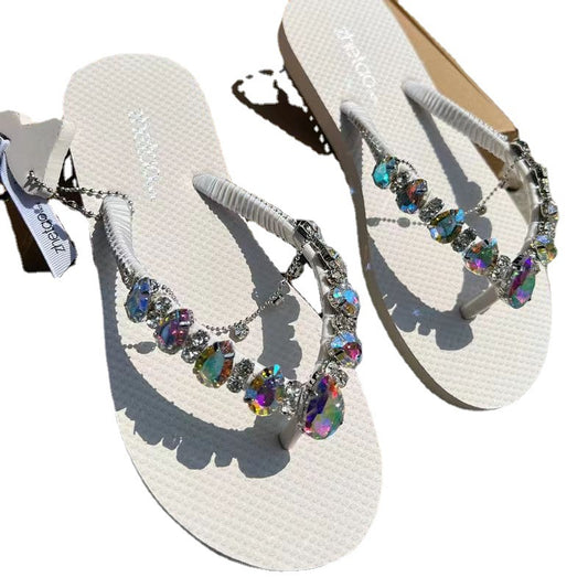 Women's Fashion Casual Color Blocking Glass Peach Heart Rhinestone Flip-flops