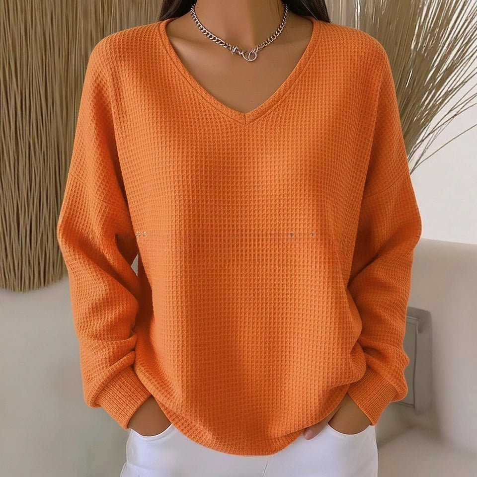 Loose V-neck Casual Waffle Drop Shoulder Women's Top