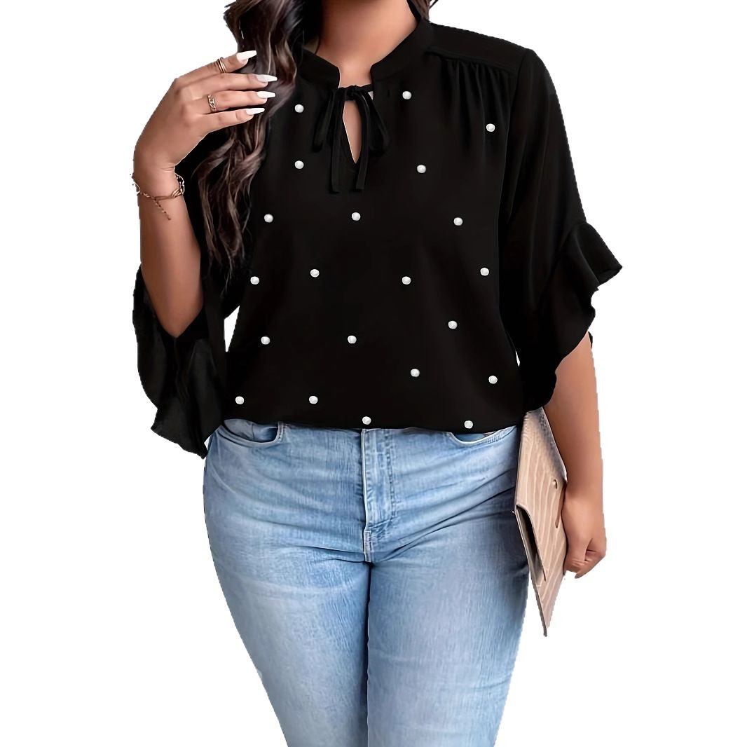 Plus Size Neckline Tie Ruffle Sleeve Faux Pearl Button Shirt