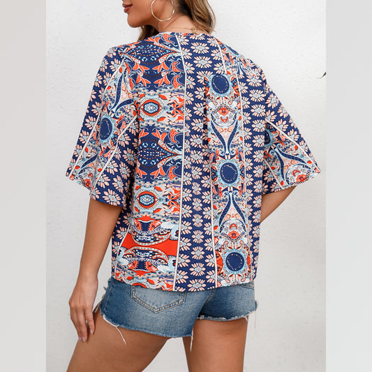 Women's Fashion Vintage Print Short Sleeve Shirt
