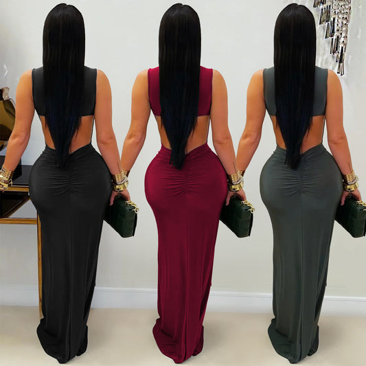 Stylish Womens Solid-Color Figure-Hugging Backless Dress