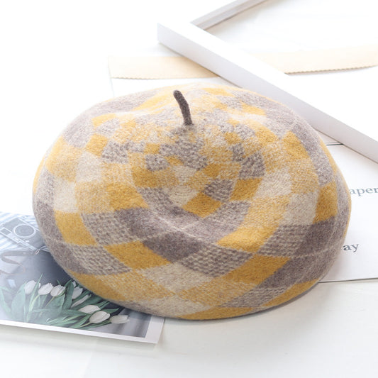 Women's Fashion Vintage Wool Jacquard Check Hat
