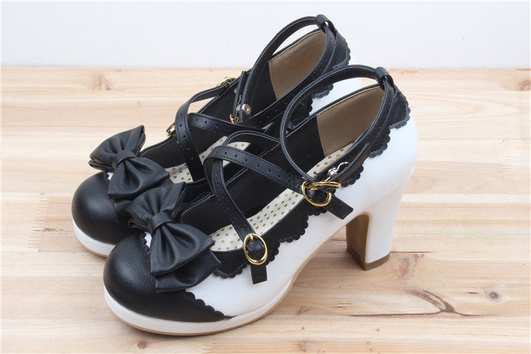 Sweet Girl Loli Color Matching Cross Straps Lolita Round Toe Princess Shoes