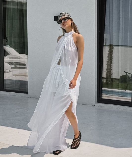 White Tencel Sleeveless Halter Neck Long Vest And Trousers Two-piece Set
