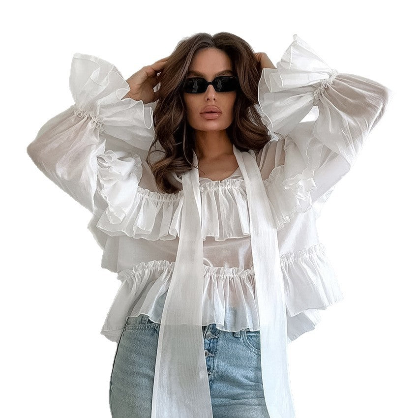Designer French-style Soft Tie-front Long Sleeve Shirt